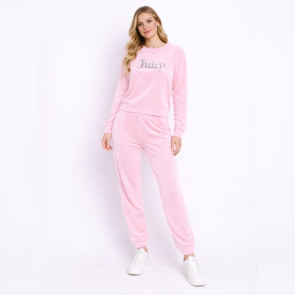Juicy Couture Tracksuit - Pink Velour Rhinestone Logo Loungewear Set (L + XL) - Picture 6 of 6